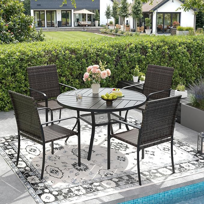 DIFY 5 Piece Outdoor Dining Set for 4, 40.6" Black Round Metal Dining Table with Umbrella Hole and Stackable Wicker Patio Chairs, All-Weather Patio Table and Chairs Set for Deck Garden Backyard