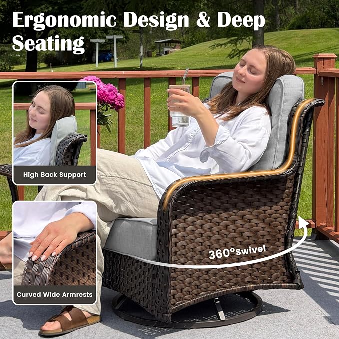 Sundale Outdoor 7 Piece Wicker Patio Furniture Set, High Back Outdoor Couch with Swivel Chairs, Ottoman & Coffee Table, 6" Thick Cushion Patio Conversation Sets with Deep Seating for Yard, Deck (Grey)