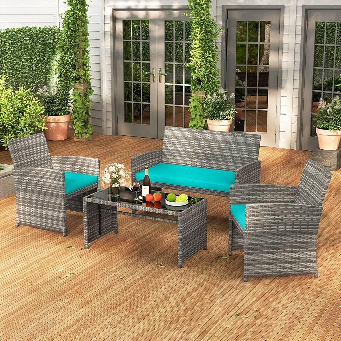 RELAX4LIFE 4-Piece Patio Furniture Set - Wicker Rattan Outdoor Sectional Sofa Set w/Glass Coffee Table, Loveseat, 2 Single Chairs & Soft Cushions, Bistro Conversation for Garden Porch (1, Turquoise)