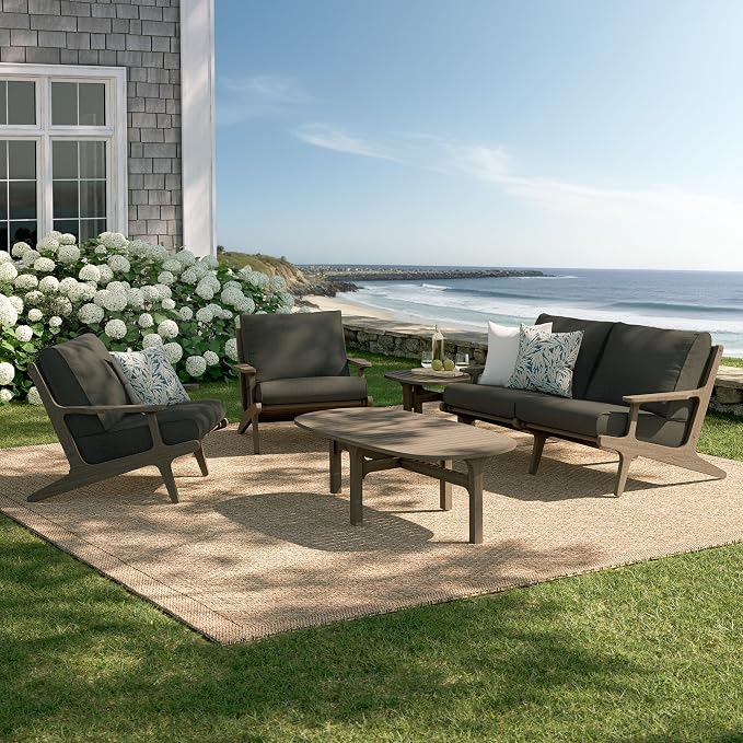 Modway Saratoga 5-Piece Teak Wood Outdoor Furniture Set in Weathered Gray Flint - Patio Conversation Set with Loveseat, 2 Armchairs, Side Table and Coffee Table