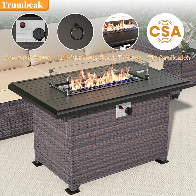 Patio Furniture Set with Fire Pit Table 8 Pieces Outdoor Sectional Sofa Set,PE Rattan Wicker Patio Conversation Set w/43in 55000 BTU Propane Fire Pit Table,Grey