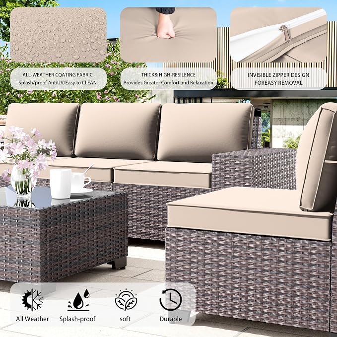 7 PCS Outdoor Patio Furniture Set,Outdoor Sectional Furniture with 43" 55000 BTU Gas Propane Fire Pit Table,All Weather PE Rattan Wicker Patio Conversation Set,Sand
