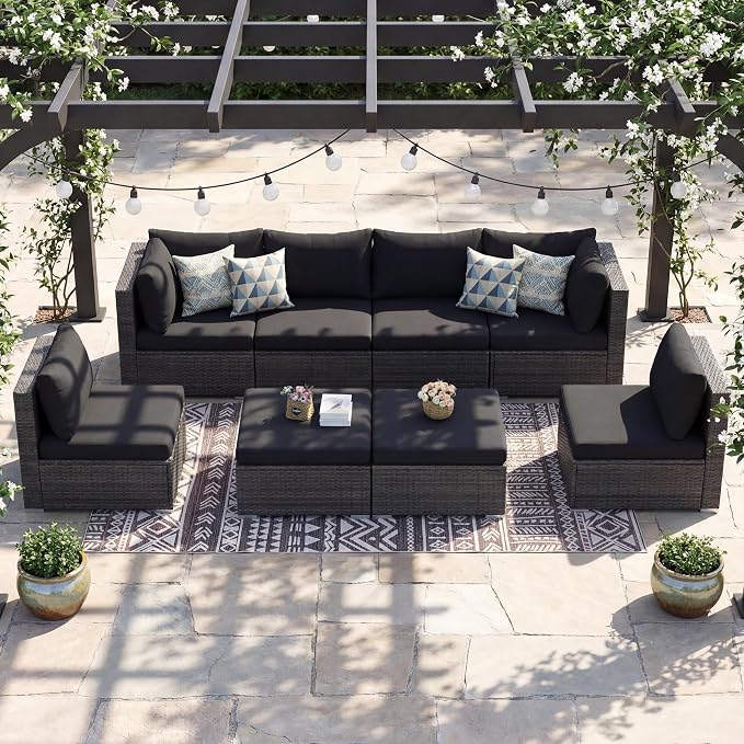 NICESOUL 8 Piece Outdoor Patio Set, 29.3'' High Back Extra Large Wicker Patio Furniture, Deep Seating Comfy L Shaped Modular Sectional Set of 8, Modern Wide Conversation, 2 Color Cushion Black & Gray