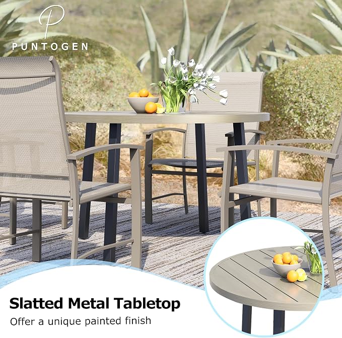 Outdoor Round Dining Table for 4, 42" Large Metal Wrought Iron Metal Table with Umbrella Hole, All Weather Patio Furniture for Deck, Yard, Porch - Honey Oak