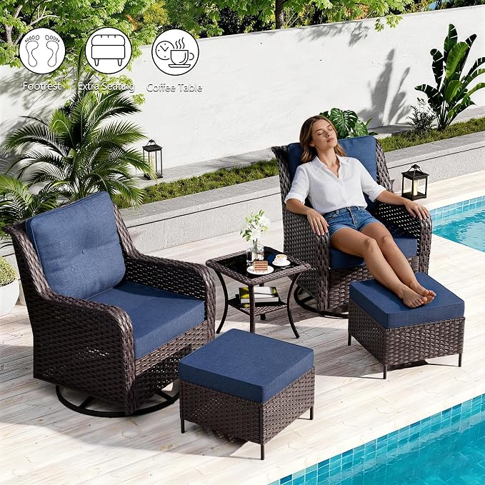 7-Piece Patio Furniture Set,Outdoor Conversation Sets w/Glass Table&High Back Wicker Swivel Rocker Chairs,All-Weather Wicker Sectional Sofa for Deck,Yard and Poolside,Navy Blue