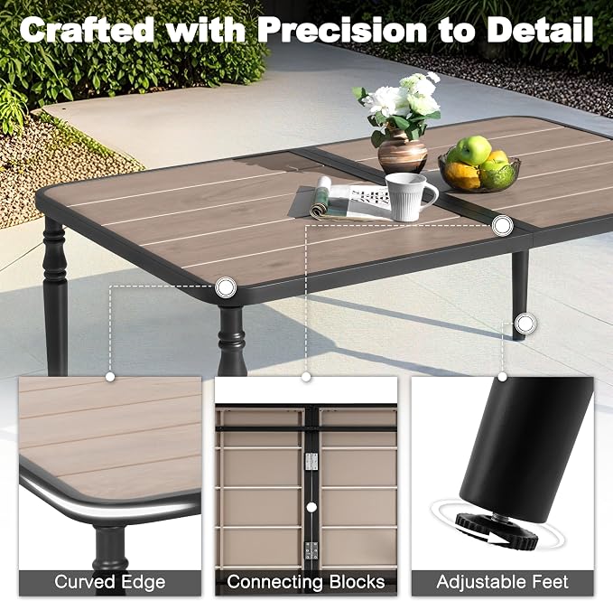 NUU GARDEN 7-Piece Outdoor Dining Chair and Table Set, 6 Stackable Metal Dining Chairs, 61" x 37" Rectangle Metal Dining Table with 1.6" Umbrella Hole, for Backyard, Deck, Yard, Garden, Black