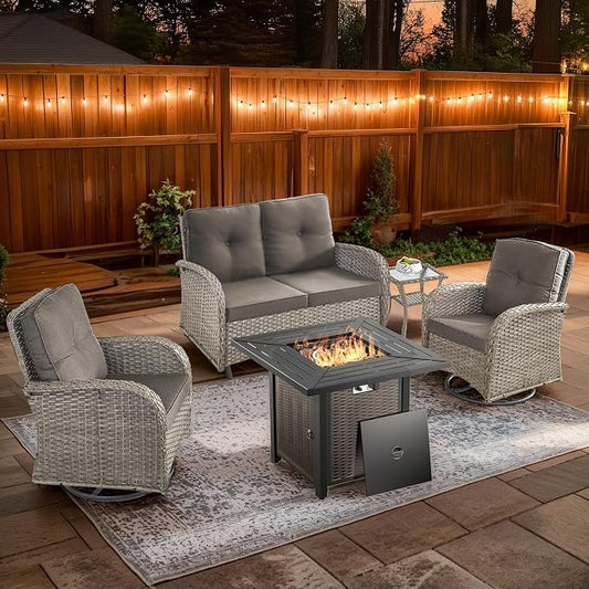 5 Piece Patio Furniture Set with Fire Pit Table - Wicker Patio Conversation Set with Swivel Glider, Glider Loveseat, Tempered Glass Side Table for Deck Backyard - Grey Wicker Grey Cushion