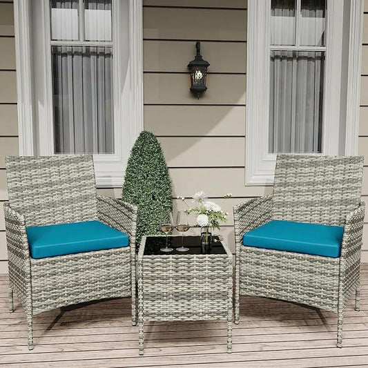 GarveeLife 3 Piece Patio Furniture Set, Rattan Outdoor Furniture with 2 Chairs & Coffee Table, Modern Outdoor Seating Conversation Bistro Set for Garden Backyard Porch (Grey and Peacock Blue)