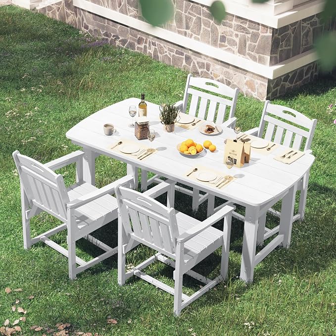 HDPE Outdoor Patio Dining Set with Table & 4 Chairs, All-Weather 5-Piece Outdoor Table and Chairs, 2" Umbrella Hole, Patio Furniture for Garden, Backyard, Deck | White