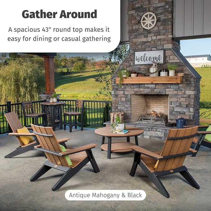 LuxCraft Deluxe Poly Round Outdoor Coffee Table, Two Tier Coffee Table, Round Conversation Tables for Outside Patio with Lower Shelf - Amish Made in USA (Cherrywood & Black)