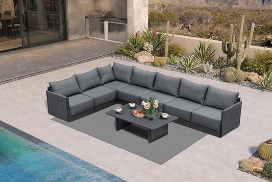 PURPLE LEAF 8 Pieces Patio Conversation Sets with Cushions and Pillows All Weather Outdoor Couch Sectional Set Patio Conversation Set for Garden Poolside Backyard Gray