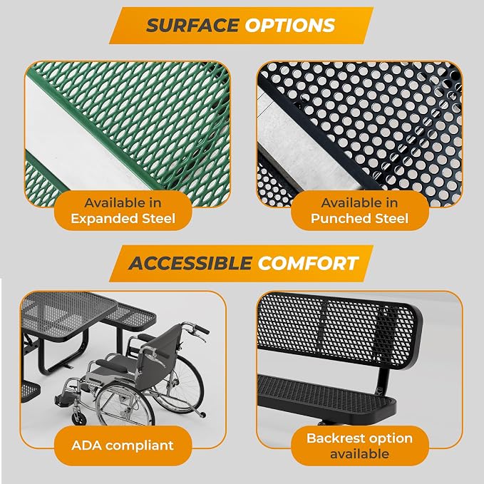 Commercial Heavy-Duty Metal Picnic Table - ADA Compliant, Adjustable Seats, Umbrella Hole, Expanded Metal (Green, 6' Rectangular)