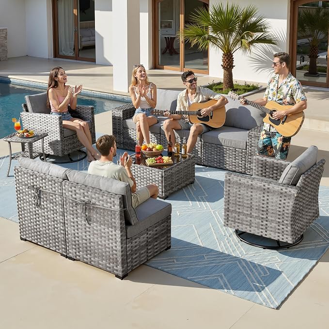 9-Piece Patio Furniture Set, Outdoor Wicker Furniture Sectional Set with Coffee Table, High Back Swivel Rocker Patio Chair, Modern Rattan Outdoor Conversation Set for Porch, Balcony, Garden, Dark Gray
