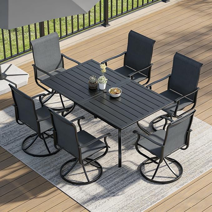 SUNCROWN 7-Piece Outdoor Patio Dining Set, All Weather Rectangular Metal Table & 6 Black Swivel Textilene Mesh Chairs, Weather Resistant Patio Furniture for Deck Lawn Garden Backyard Poolside