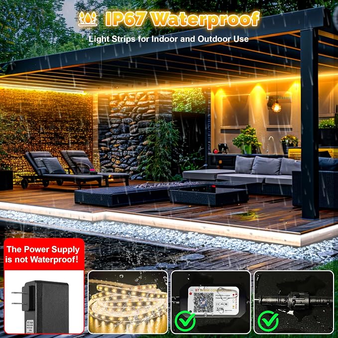Outdoor LED Strip Lights Waterproof IP67, Dimmable 3000K-6500K Warm White LED Rope Lights Outdoor Waterproof with Remote & APP, 24v Adhesive Exterior Lighting for Patio, Deck, Gazebo (32.8FT/10M)