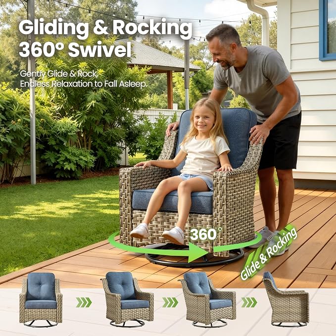 3 Piece Patio Furniture Set, Outdoor High Back Swivel Rocker Chairs Set of 2 with Side Table, All Weather Wicker Glider Chair with Thick Cushions for Backyard Balcony Porch, Denim Blue