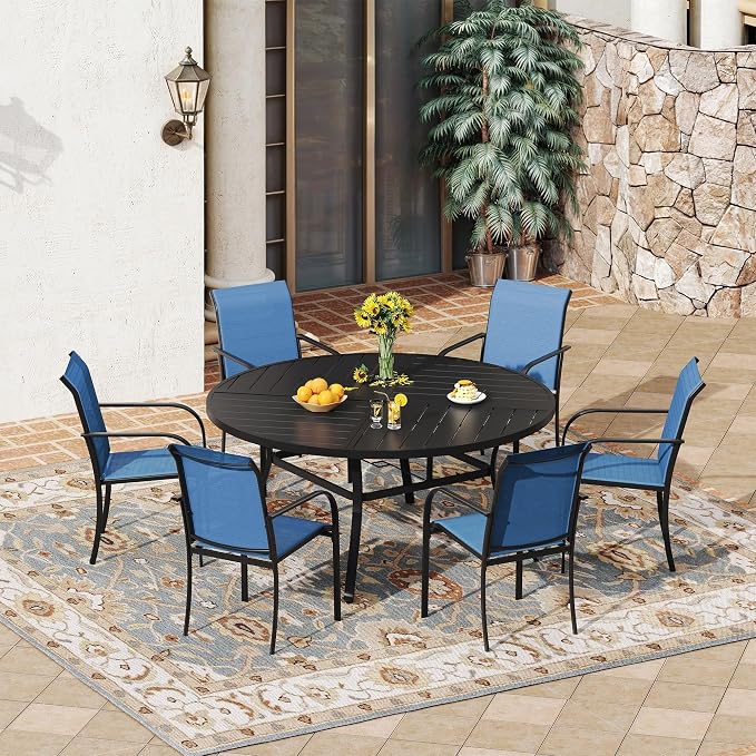 VICLLAX 7 Pieces Patio Outdoor Dining Set, 50" Round Metal Table with Umbrella Hole and 6 Stackable Textilene Chairs for Patio, Lawn, Garden, Porch, Black/Dark Blue