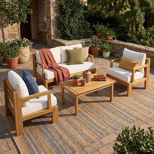 Christopher Knight Home Bayah 4 Piece Patio Furniture Set with Removable Cushion, Acacia Wood Outdoor Sectional Sofa Set with Coffee Table, 4 Seater Outdoor Conversation Set, Beige+Natural