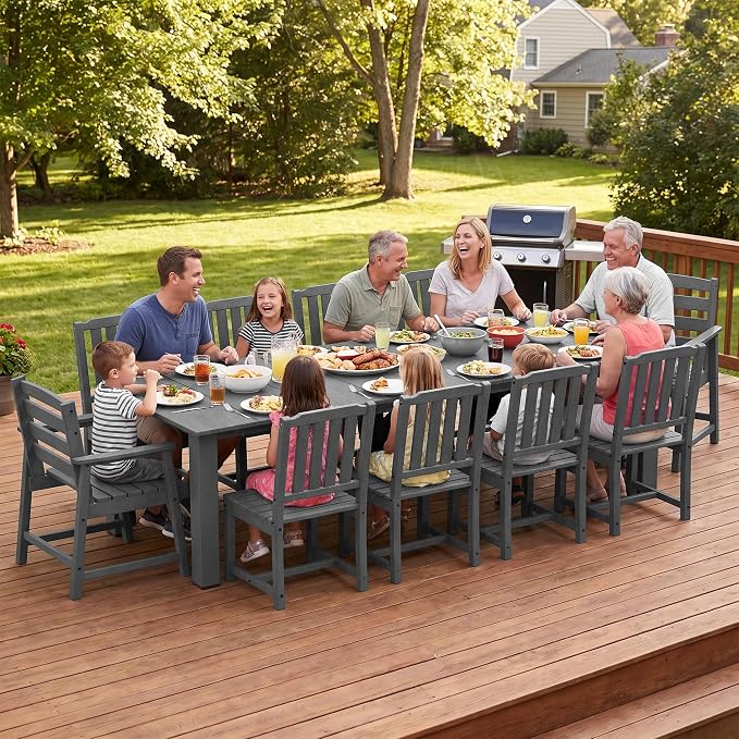 LOUNZY 11 Piece Patio Dining Set for 10, Outdoor Table and Chairs, Grey | 89.4“ table,Large 10 seat patio dining set, mixed chair durable HDPE wood-look, fade and UV resistant for long-term outdoor