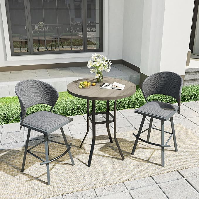 VICLLAX Outdoor Bar Table, 35.4" Wide Round Patio Bar-Height Table Weather Resistant Metal Slatted Tabletop with Umbrella Hole for Front Porch Deck, Backyard, Light Grey