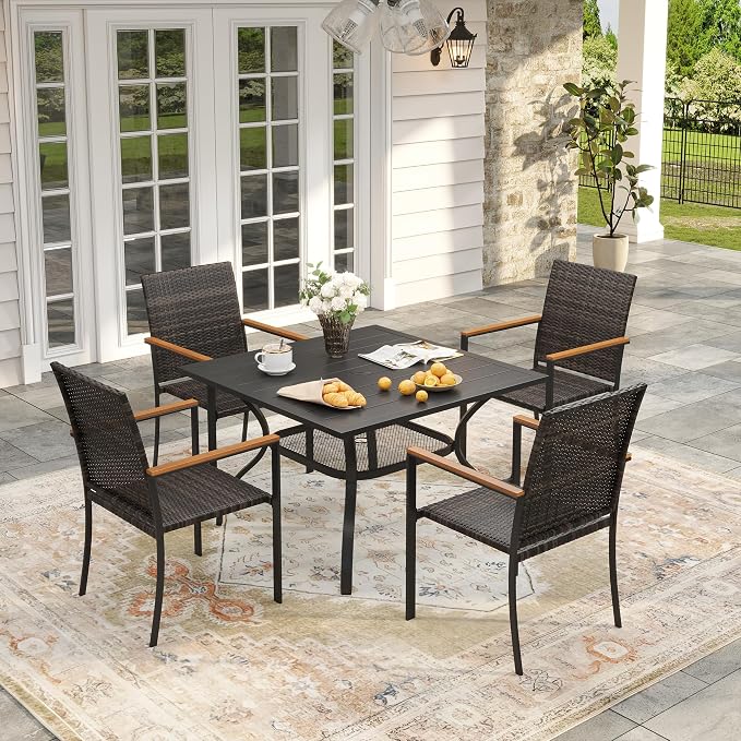 VICLLAX Outdoor Patio Dining Table for 4, Square Patio Table with Umbrella Hole for Patio Lawn Deck Backyard, Black Tabletop