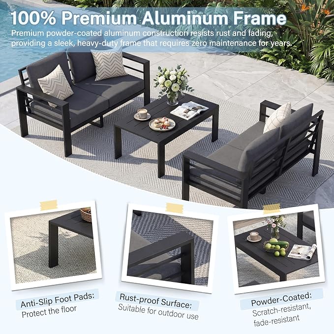 Aluminum Patio Furniture Set, 3 PCS Metal Oversized Outdoor Furniture Set Washable Thick Cushions, 4 Seat Patio Conversation Set with 3.54” Wide armrest and Coffee Table for Patio, Garden