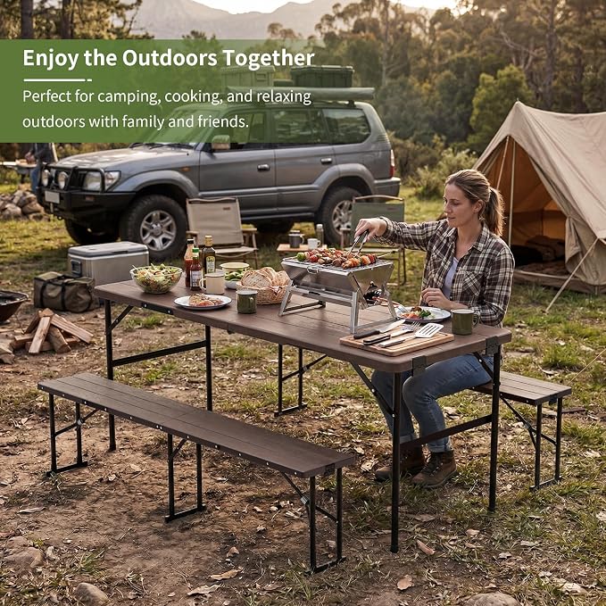 Picnic Table Set with 2 Benches,6 Feet Folding Camping Table Chair Set with Wood Grain Tabletop,3-Piece Outdoor Indoor Portable Folding Furniture for Party, Camping, Picnic, Weddings (Brown)