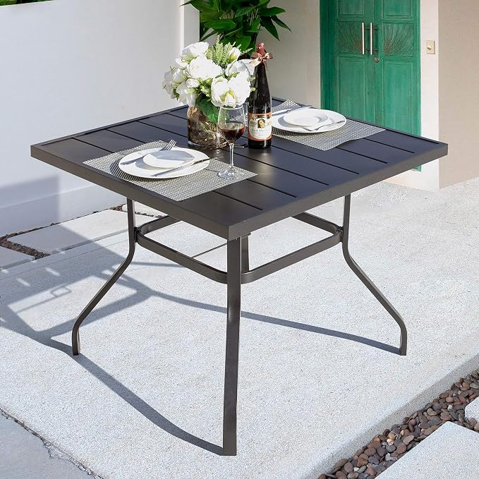 NUU GARDEN 37" Outdoor Patio Table, 4 Person Steel Slat Square Dining Table with 1.57" Umbrella Hole, Slatted Top and Powder Coated Iron Frame for Patio, Garden and Balcony, Black