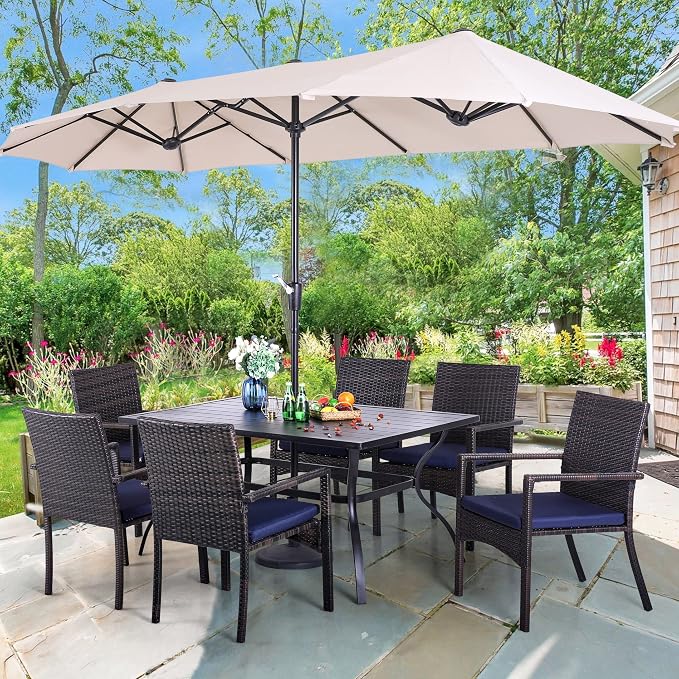 PHI VILLA 7pc Patio Dining Set with Beige Umbrella, 6 Rattan Chairs | PE Rattan Chairs with Cushion, 13ft Large Beige Umbrella, Powder-coated, for Deck, Yard, Porch