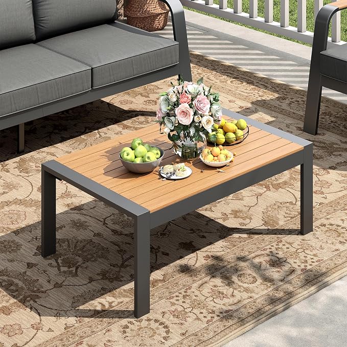 Garvee Outdoor Coffee Table, All-Weather Aluminum Patio Table, Rectangle Outdoor Coffee Tables for Outside, Realistic Wood-Look Tabletop Furniture for Patio, Deck, Backyard, Garden, Poolside