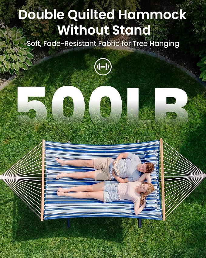 ANAGOO Double Hammock with Spreader Bar & Pillow, 2-Person Portable Hammock, 500lbs Capacity for Outdoor Camping, Patio, Backyard, Garden, Beach & Travel Relaxation – Blue