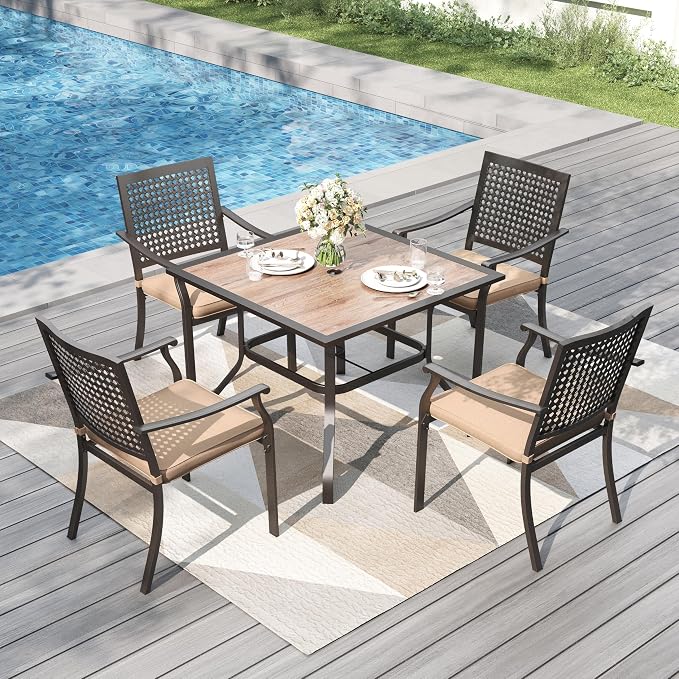 PHI VILLA Outdoor Dining Set for 4, 37" Metal Table & Chairs w/Cushions | 5 pcs black wrought iron square furniture set. Polywood top table w/ umbrella hole. All weather for patio, deck, porch