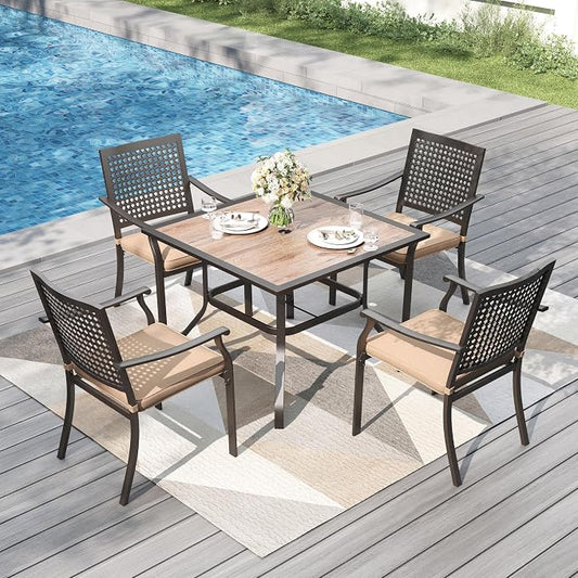 PHI VILLA Outdoor Dining Set for 4, 37" Metal Table & Chairs w/Cushions | 5 pcs black wrought iron square furniture set. Polywood top table w/ umbrella hole. All weather for patio, deck, porch