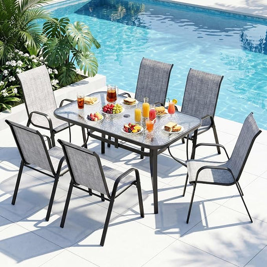 Arlopu 7-Piece Outdoor Table and Chairs for 6, Outdoor Dining Set W/Rectangle Glass Table and 6 Patio Textilene Stackable Chairs, Patio Furniture Set W/Umbrella Hole (Black Table & Grey Chair)