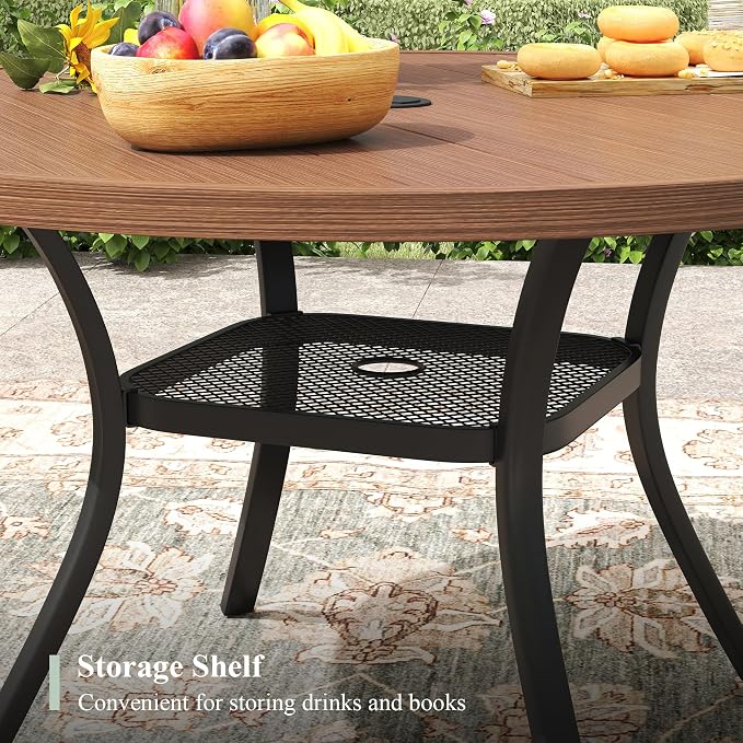 5 Pieces Outdoor Dining Set, Stackable Textilene Paito Chairs & 40.6" Round Dining Table with Umbrella Hole and Shelf, Patio Dining Set for Backyard, Deck, Garden, Brown & Walnut
