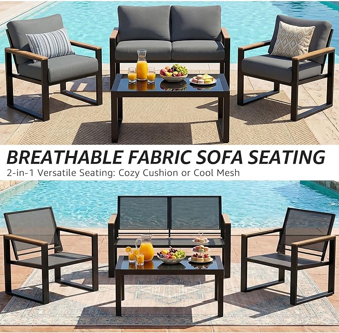 NATURAL EXPRESSIONS 4 Pieces Patio Furniture Sets,Metal Outdoor Patio Furniture Sets,Outdoor Sectional Patio Conversation Set,Wooden Anti-Scald Armrest,Sling Mesh,4" Olefin Cushions Dark Grey