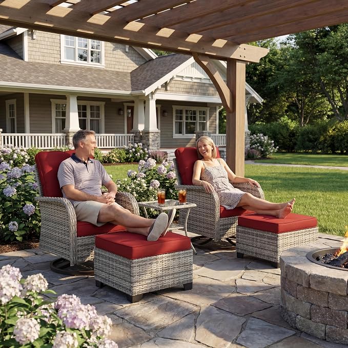 Outdoor Patio Furniture Set Patio Rocking Swivel Chair with Tempered Glass Side Table, Outdoor Wicker Rattan Bistro Set with Ottomans for Garden, Deck, and Balcony, Red
