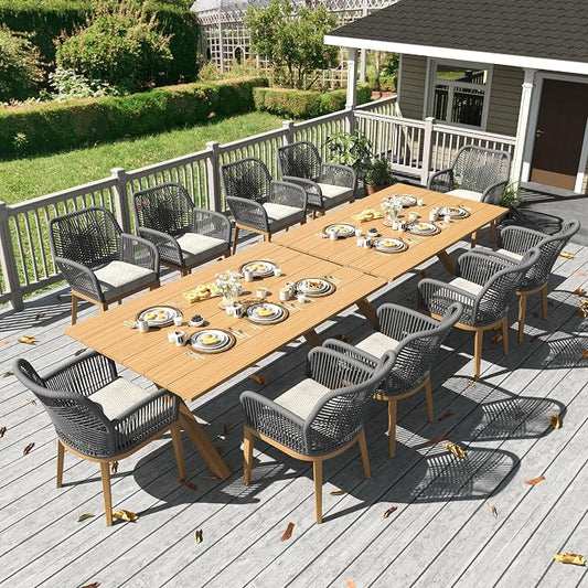 LayinSun Outdoor Dining Set for 10, 12 Pieces Patio Furniture Sets with Aluminum Dining Table and Rope Weave Chairs