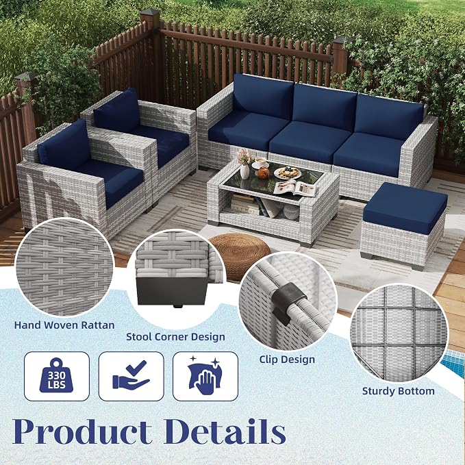 KIGOTY Patio Furniture Set 7 PCS Patio Conversation Sets, All-Weather PE Rattan Outdoor Sectional Sofa with Cushion and 2- Tier Glass Coffee Table（Grey White/Dark Blue）
