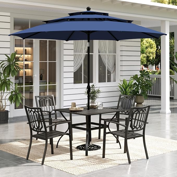 Sophia & William Patio Dining Set for 4 with 10ft 3 Tier Auto-tilt Umbrella, Outdoor Table Furniture Set with 4 x Metal Outdoor Chairs, 1 x Metal Square Dining Table and 1 Navy Blue Patio Umbrella
