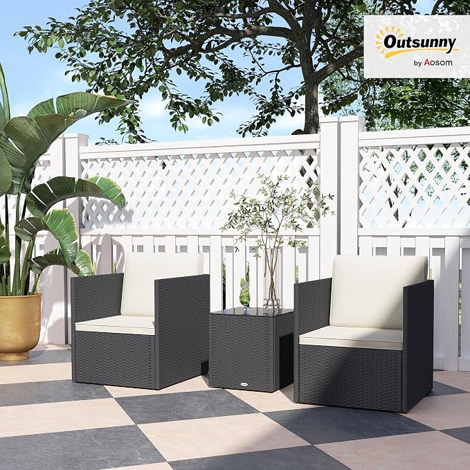 Outsunny 3 Piece Patio Furniture Set, Folding Outdoor Wicker Bistro Set with Washable Cushions, Adjustable Feet, and Glass Coffee Table, Easy Assembly for Garden, Balcony, Poolside, Backyard, Black