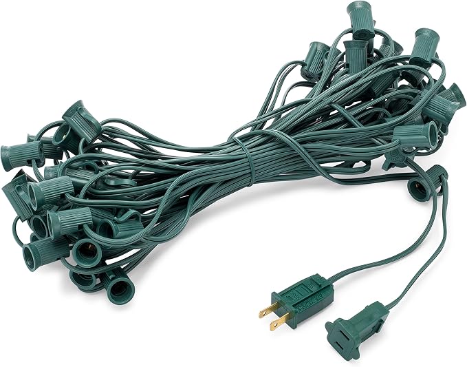 C9 Light Strings | 25' Green Cord with 12" Socket Spacing, E17 Light Stringer for C9 Christmas Lights