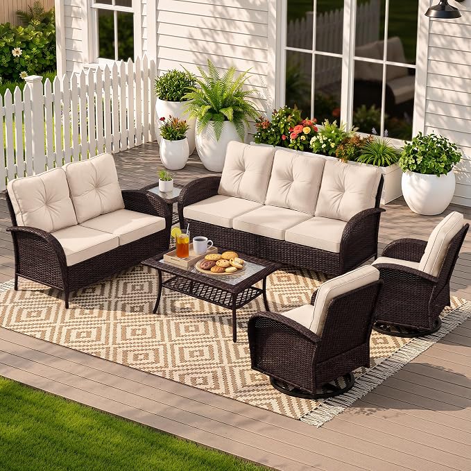 UPHA 6 Pieces Patio Furniture Sets, Wicker Outdoor Sofa Set with Loveseat & 3-Seat Couch, Swivel Chairs, Patio Conversation Set for Deck Backyard Garden, Brown Rattan, Beige Cushion