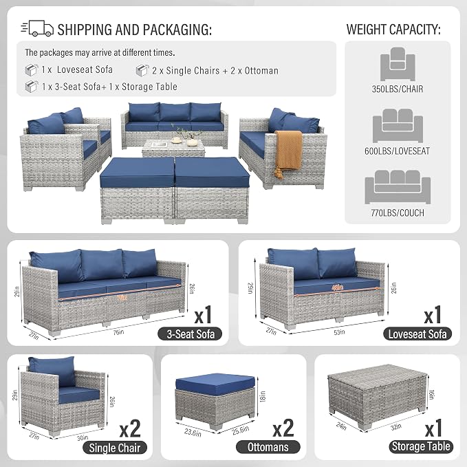 WAROOM Patio Furniture Set 7 Piece Grey Wicker Outdoor Conversation Sets PE Rattan Sectional Sofa with Storage Coffee Table and Anti-Slip Navy Blue Cushion
