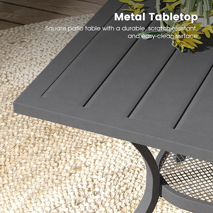DIFY 5 Pieces Outdoor Dining Table Chair Set, Patio Dining Set with 1 Grey Square Curved Legs Table with and Umbrella Hole & 4 Grey Stackable with Armrests Chairs for Lawn, Garden, Porch