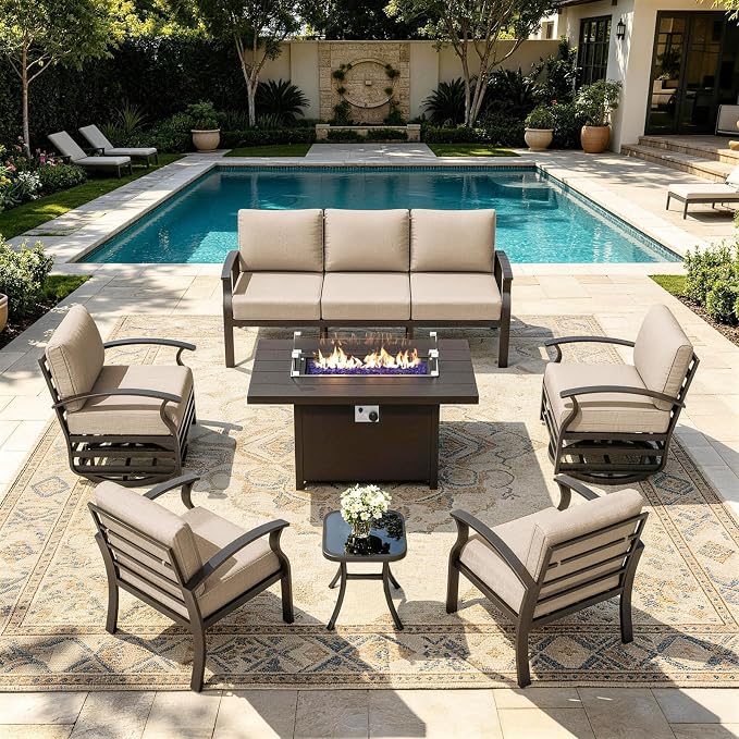 Kurapika Aluminum Patio Furniture Set 7-Seat Modern Metal Outdoor Conversation Sets w/45in Propane Fire Pit Table, Swivel Rocking Chairs Patio Sectional Sofa w/5.1 Inch Cushion, Sand