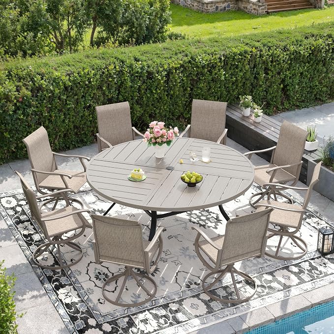 DIFY Patio Table and Chairs Set for 8, 9 Piece Outdoor Dining Set, 59.8" Grey Wood-Like Round Metal Dining Table with Umbrella Hole and 8 Sandshell Textilene Swivel Patio Chairs, for Garden Backyard