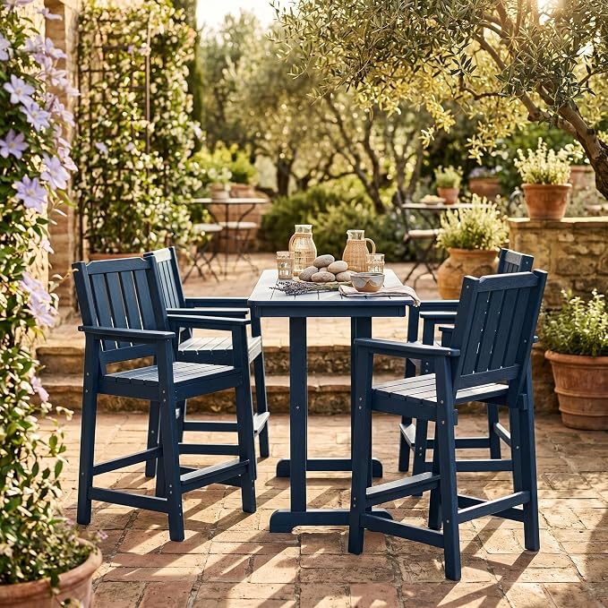 Takywep Set of 4 HDPE Wood Grain Outdoor Bar Stools, 27.7" High Counter Height Chairs with Armrests and Back, Weatherproof Pub Seating for Patio, Balcony, Garden, Deck, Backyard, Navy Blue