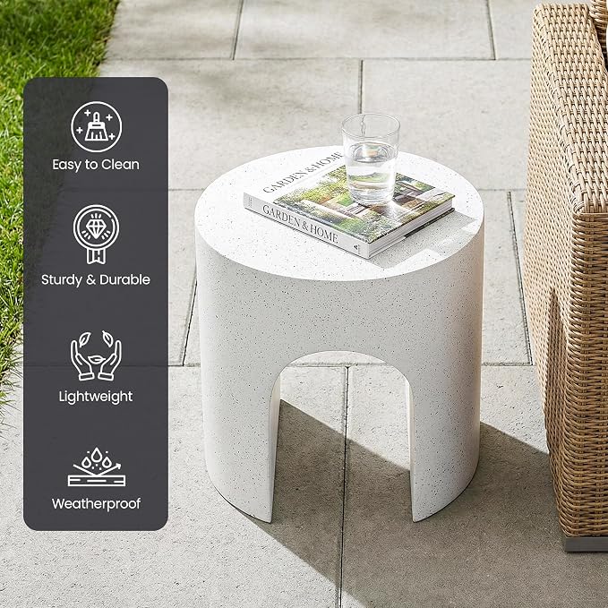 HOMPUS Outdoor Side Table, Concrete End Table w Arch Design, Round Patio MgO Coffee Lightweight Table, Modern Accent Stone Garden Stool for Indoor Outdoor Use, Spotted White
