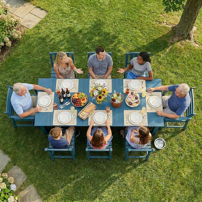 LOUNZY 9 Piece HDPE Patio Dining Set for 8, Outdoor Furniture,Navy | 75.2” table,8 person outdoor table and chairs set, fade resistant HDPE, strong structure built for backyard entertaining